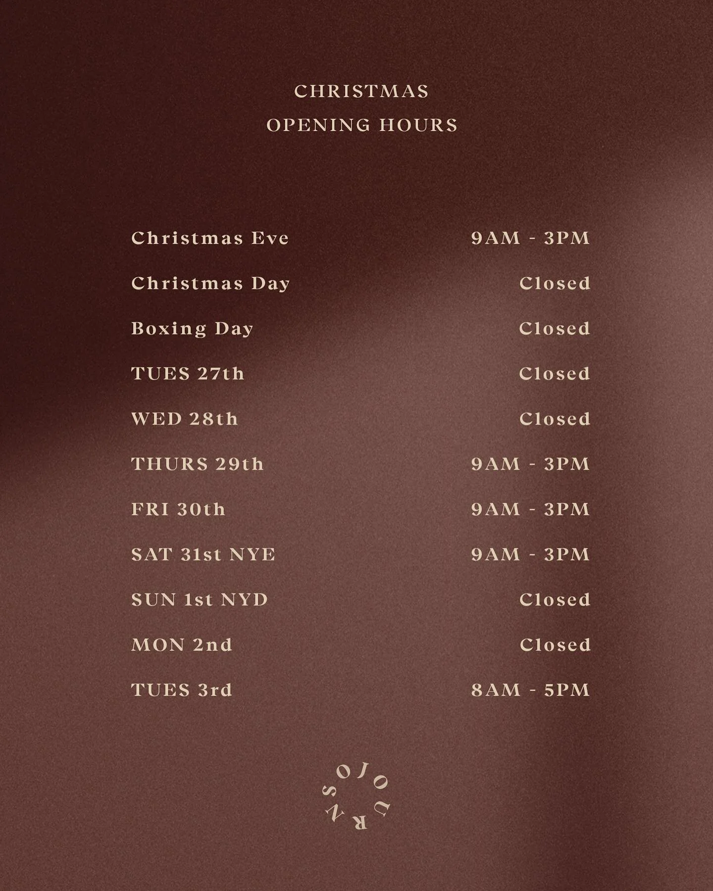 Sojourn opening hours over the Christmas period🤍

We are having a great week and so excited to see you all coming in before a few days break!

Call in to sample our mince pies, ginger bread men &amp; lots of coffee new coffee from @swevencoffee