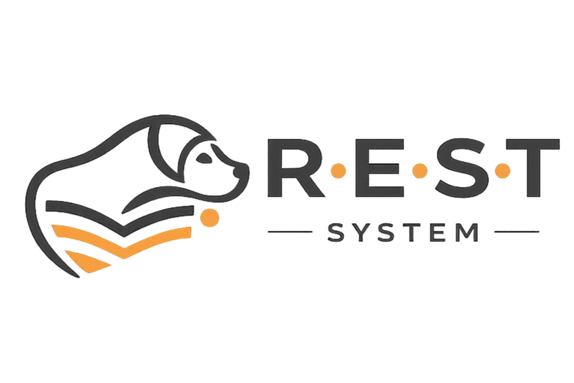 Logo mit einem offenen Buch und einer Lupe neben dem Text "RESTA SYSTEM".