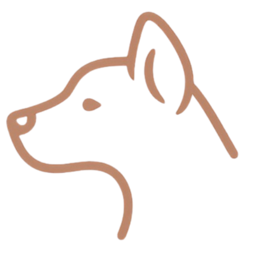 Ein programmiertes, stilisiertes Hundesymbol, Umriss in brauner Linie mit buntem Füllraum