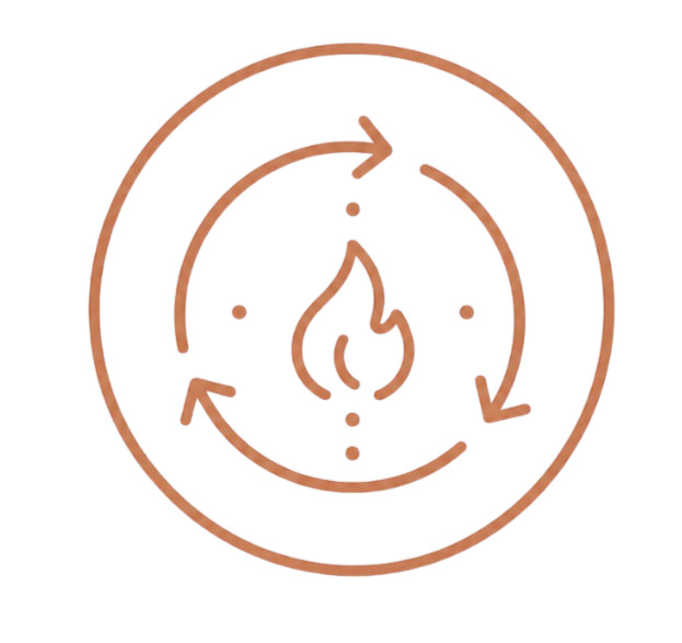 Icon mit einer Flammenzeichnung in der Mitte, umgeben von zwei Kreisen und Pfeilen, die eine Recycling- oder Heizkreislauf symbolisieren.