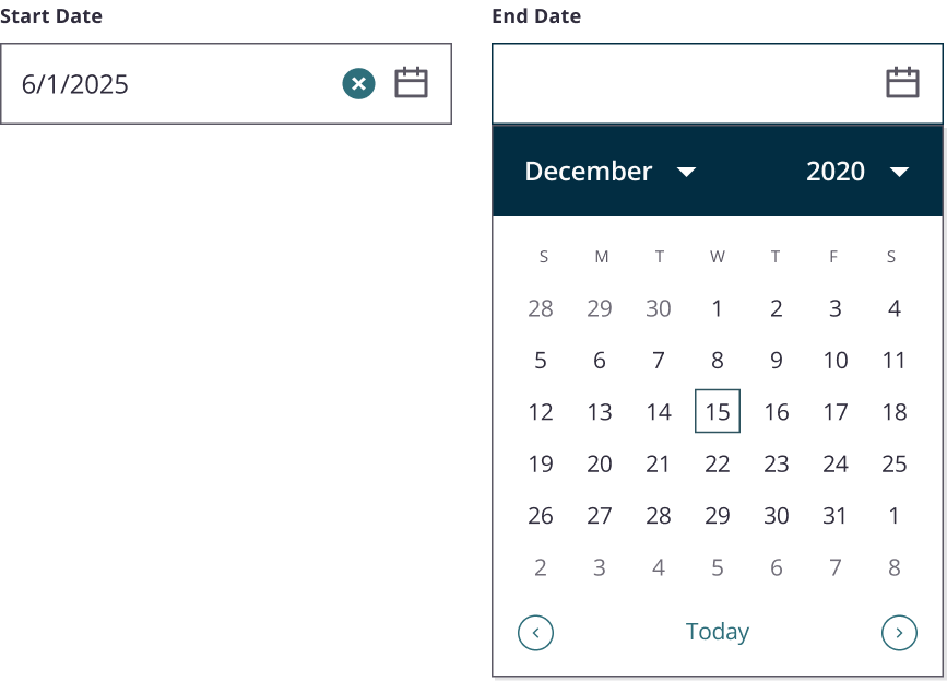 Start and end date input fields with calendar open