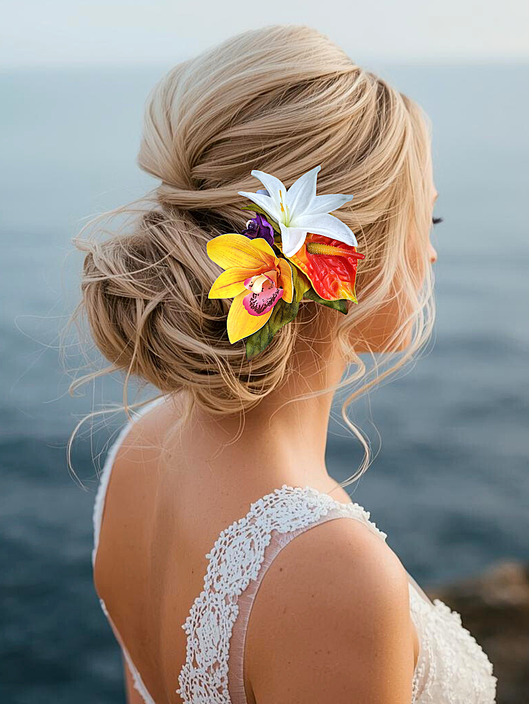 Tropical Wedding Headpiece with Sunset Anthruium and Orchids
