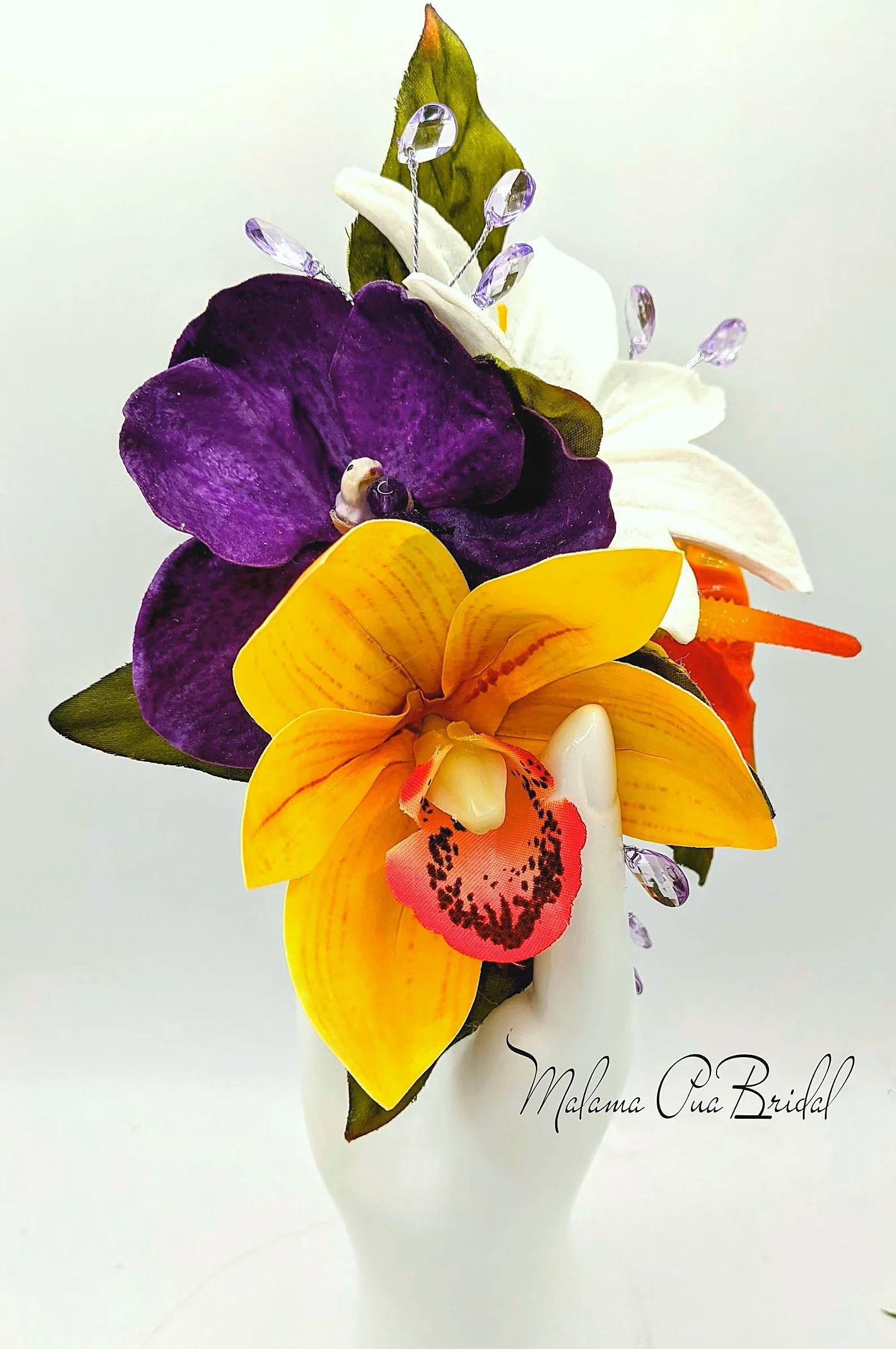 Tropical Flower Heapiece with Purple Orchids, Orange Anthurium, White Lily and Yellow Orchids