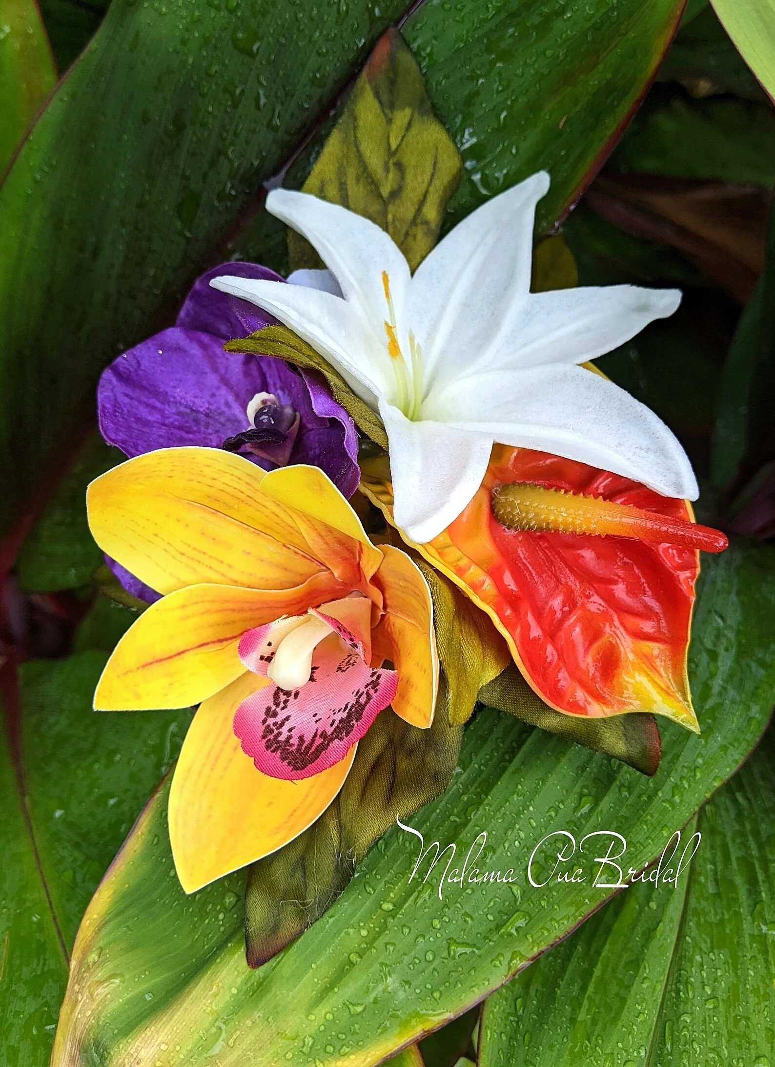 Tropical Flower Heapiece with Purple Orchids, Orange Anthurium, White Lily and Yellow Orchids