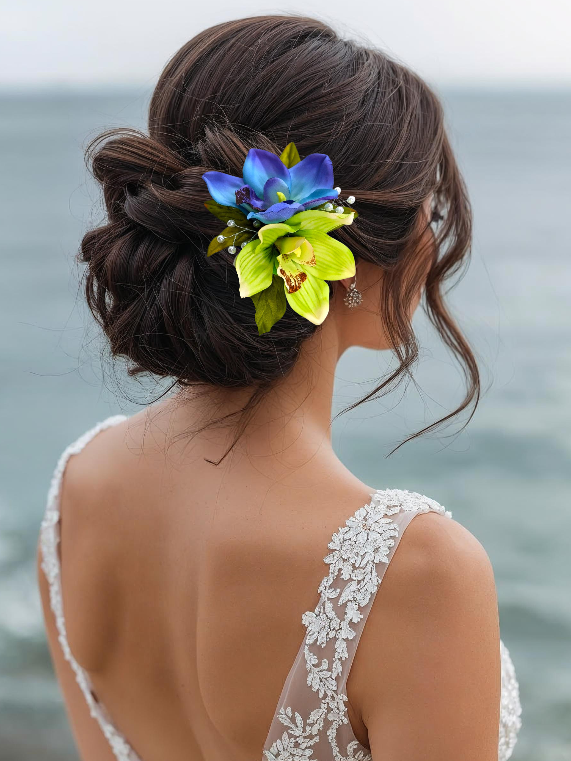 Tropical Hawaiian Blue & Green Orchid Headpiece