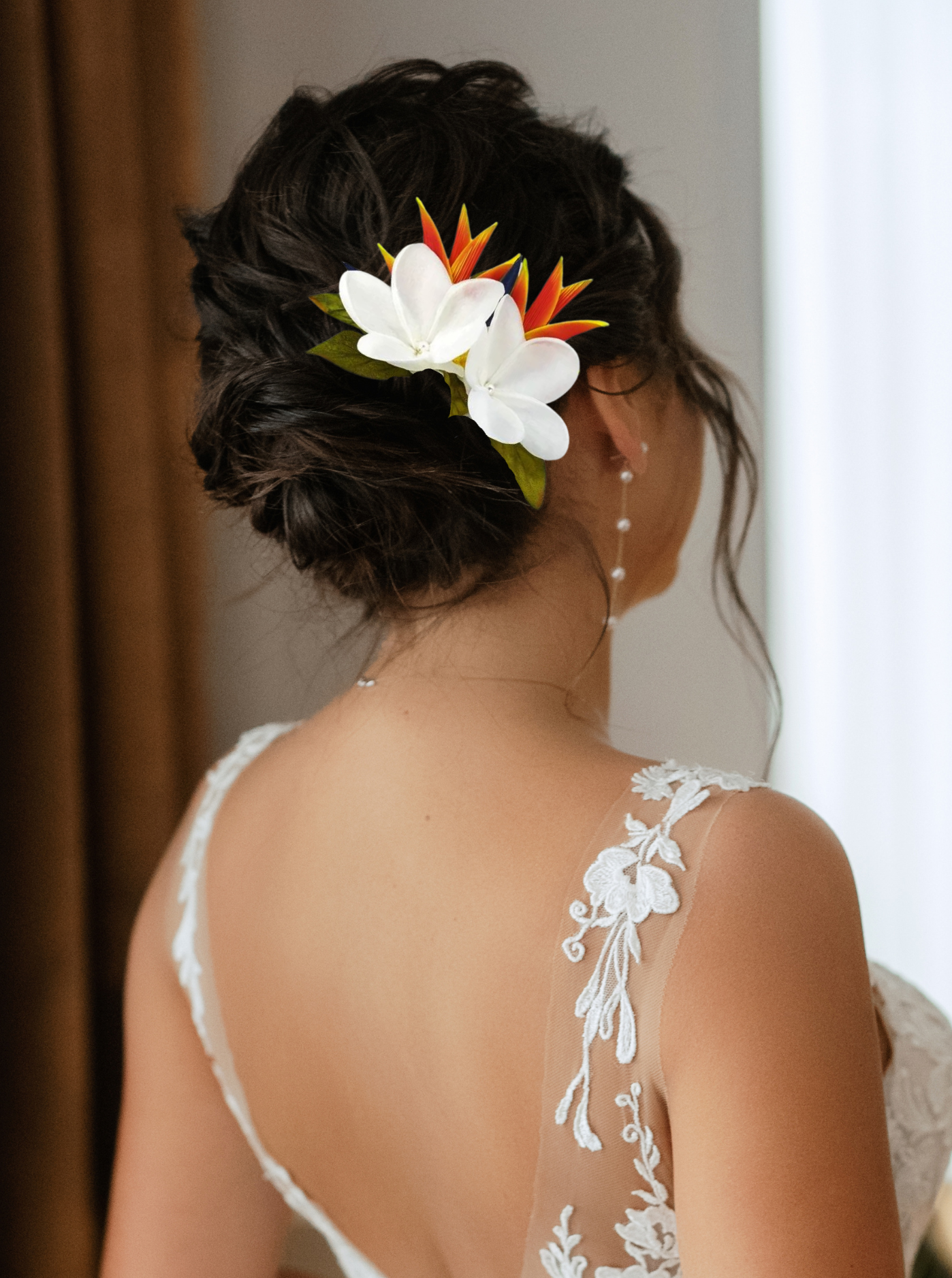 orange double heliconia with plumeria hair comb
