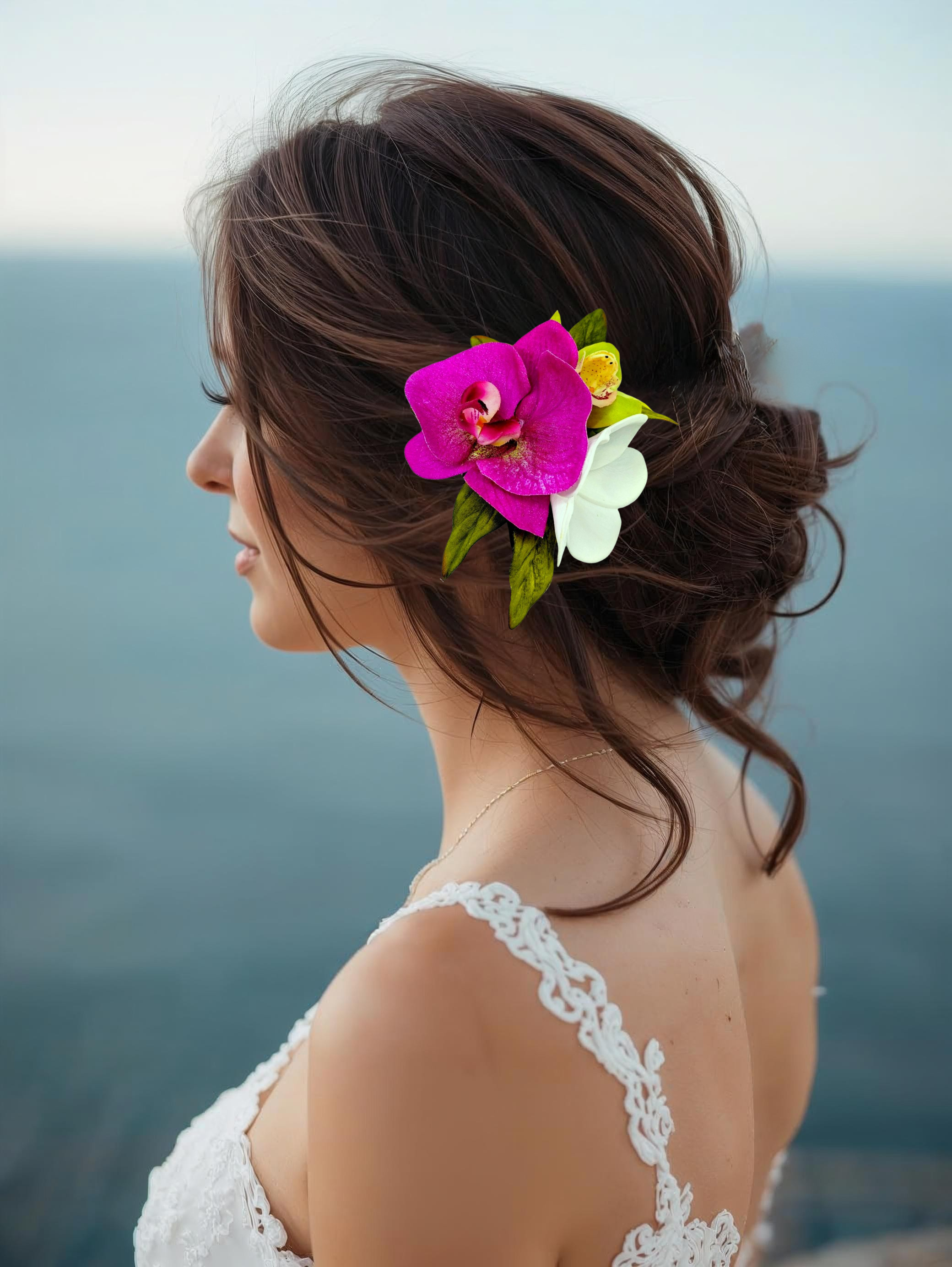 Bridal Hair Comb with Silk Orchids & Plumeria