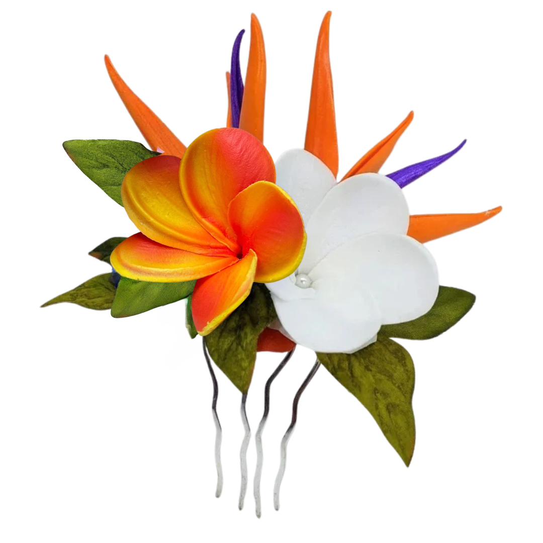 orange white plumeria bird of paradise hair clip
