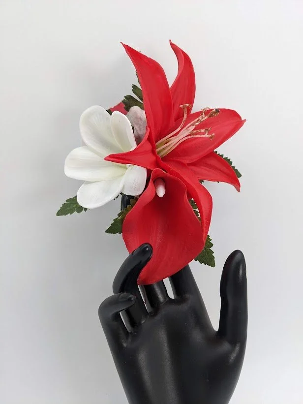 bridal headpiece created with silk red calla lily and plumeria headpiece