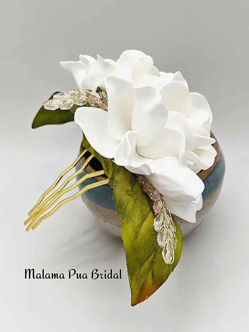 Tropical silk Gardenia Wedding hair comb