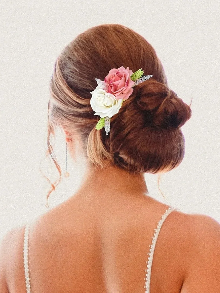 bride wearing tropical silk rose hair comb