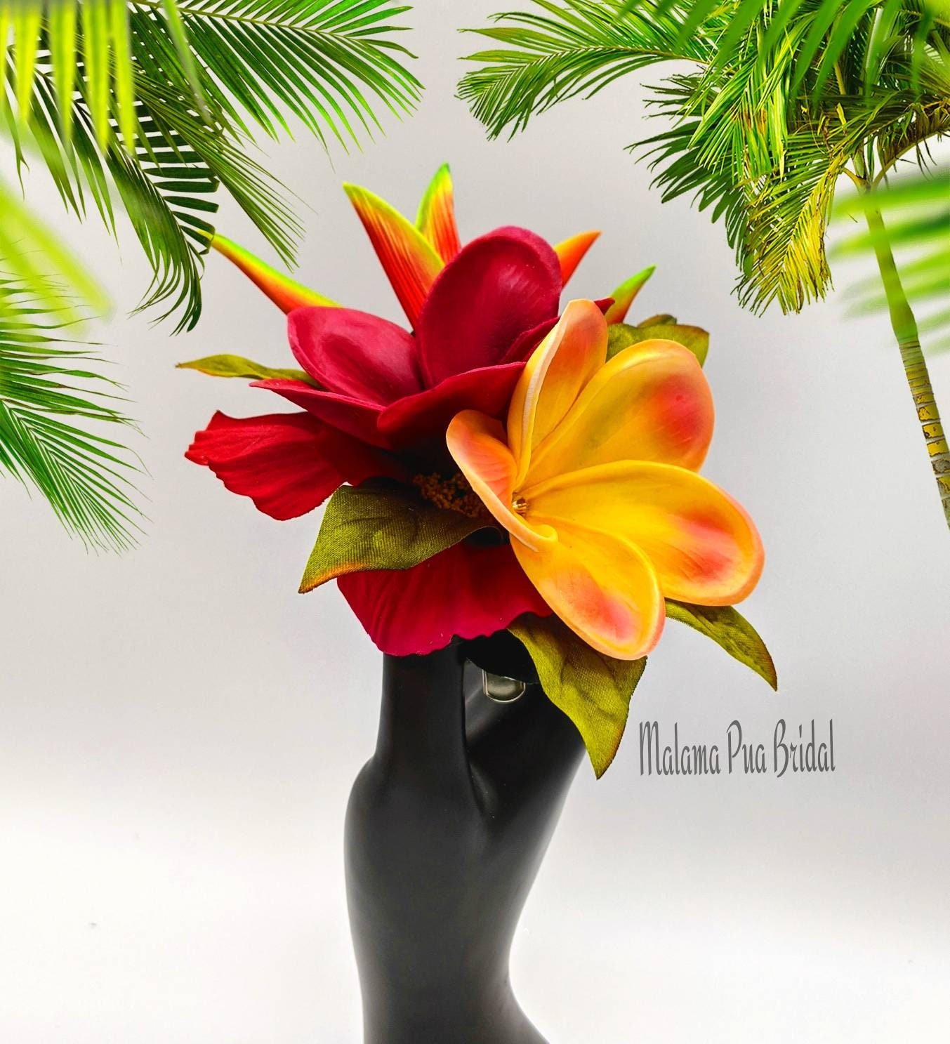 Tropical Hawaiian Headpiece with Silk Hawaiian Heliconia and Red and Yellow real touch plumeria with hand wired Swarovski crystal centers.