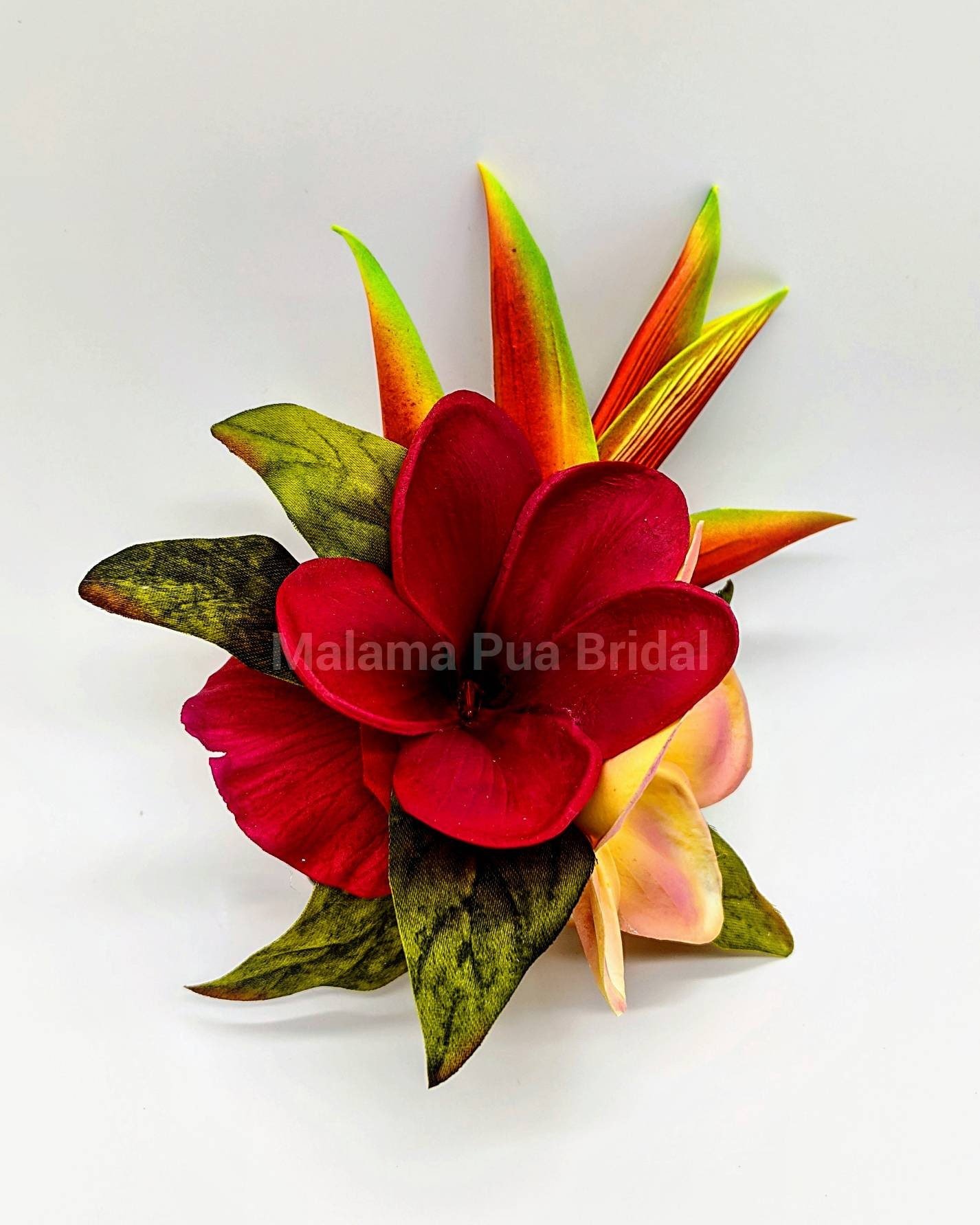 Tropical Hawaiian Headpiece with Silk Hawaiian Heliconia and Red and Yellow real touch plumeria with hand wired Swarovski crystal centers.