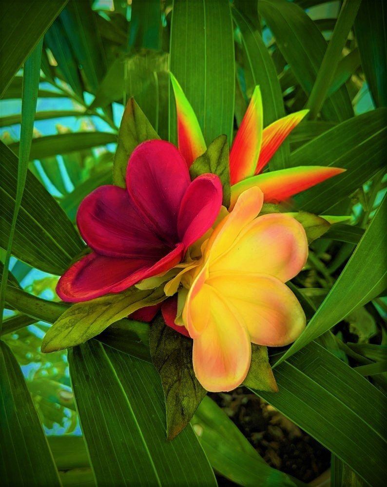 Tropical Hawaiian Headpiece with Silk Hawaiian Heliconia and Red and Yellow real touch plumeria with hand wired Swarovski crystal centers.