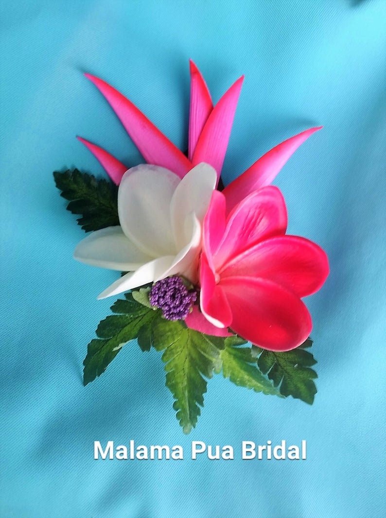 Tropical Hawaiian Headpiece with Silk Hawaiian Heliconia and Pink and White real touch plumeria with hand wired Swarovski crystal centers.