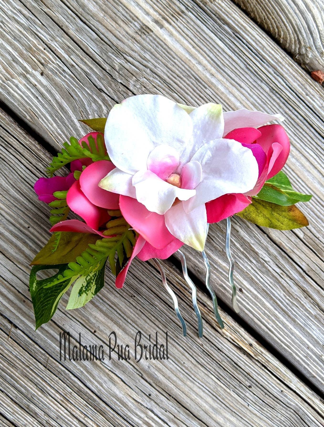 Tropical silk wedding hairpiece with orchids