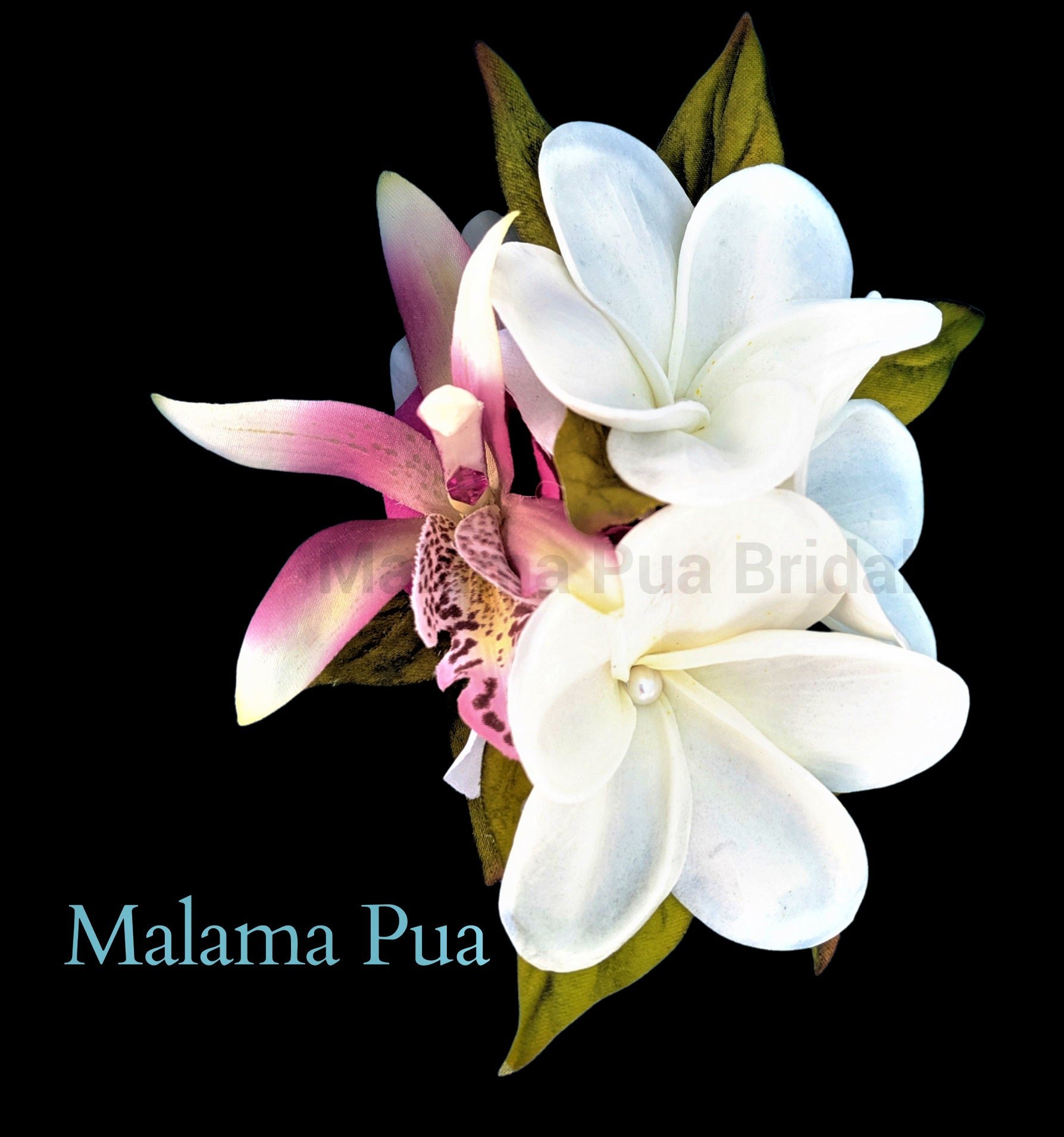 Real Touch White Plumeria & Pink Orchid Wedding Headpiece with Swarovski Pearl & Crystal