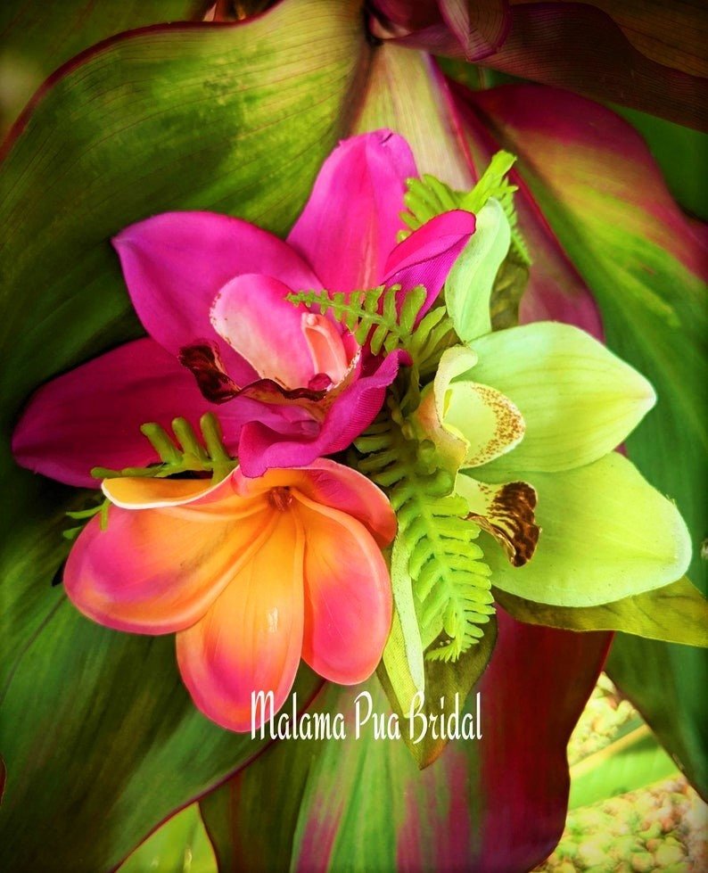 Tropical Hawaiian Hair Clip with Real Touch Sunset Plumeria, Silk Fuchsia & Lime Orchids and hand wired Swarovski crystal centers.