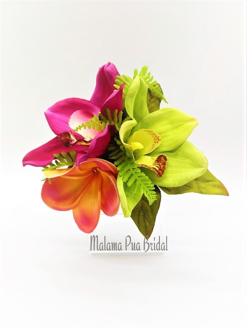 Tropical Hawaiian Bridal Hair Clip with Real Touch Sunset Plumeria, Silk Fuchsia & Lime Orchids and hand wired Swarovski crystal centers.
