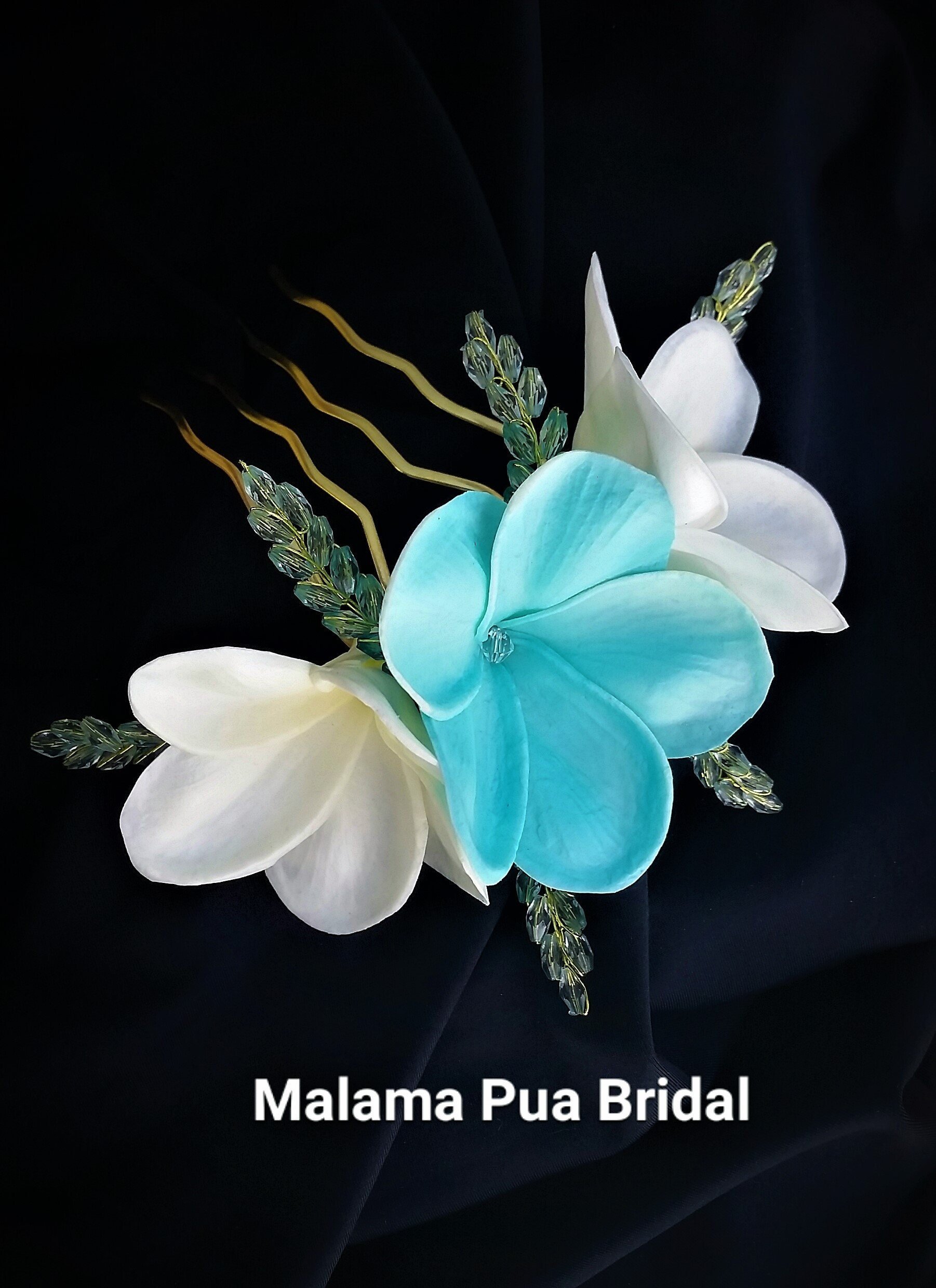 Tropical Headpiece created with Real Touch White and Turquoise plumeria hair comb with Swarovski pearls or crystals