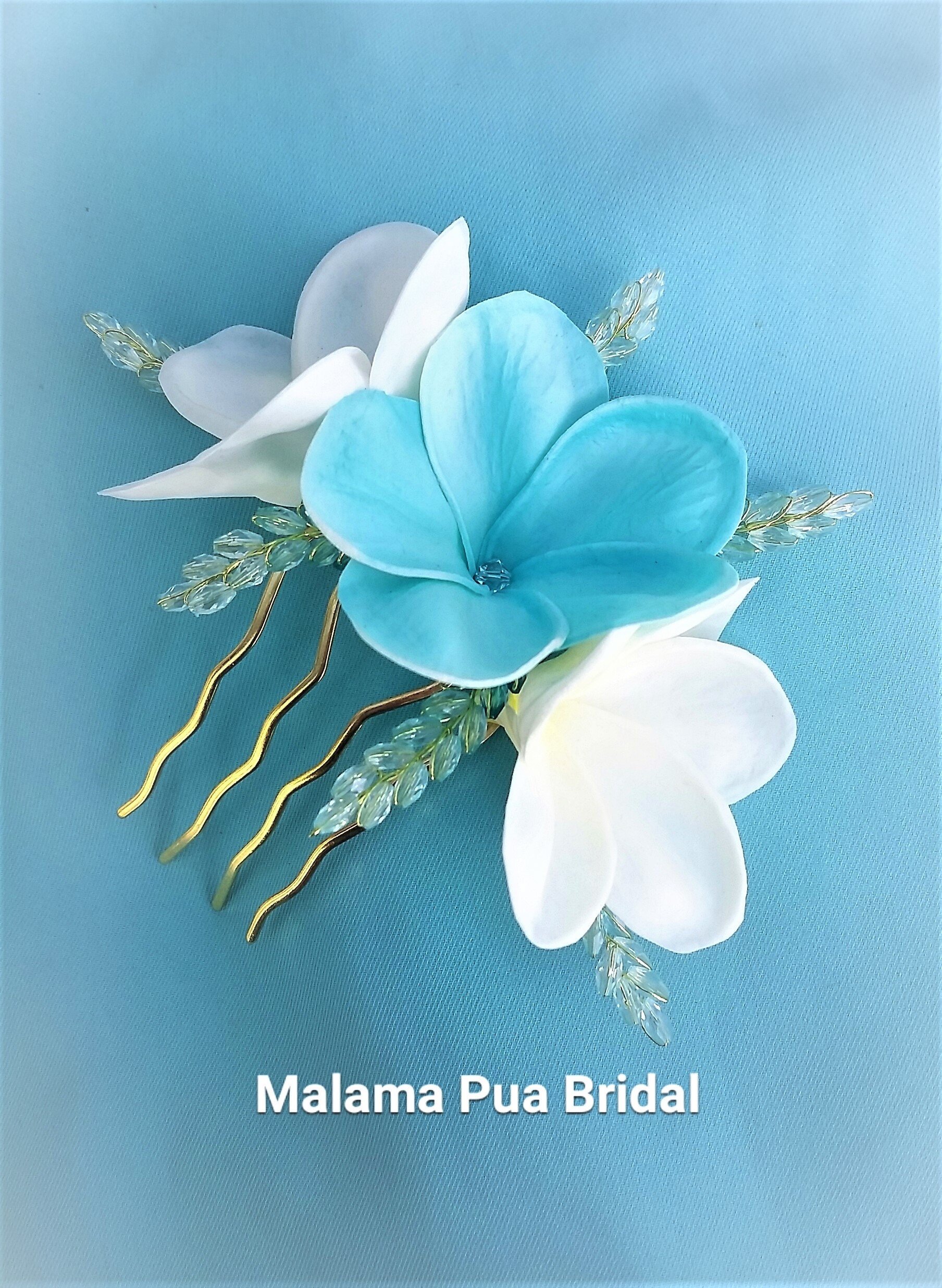 Tropical Headpiece created with Real Touch White and Turquoise plumeria hair comb with Swarovski pearls or crystals