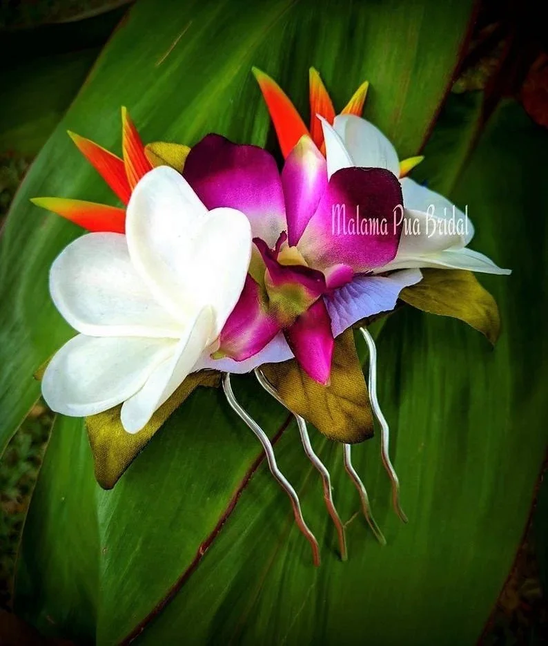 Real Touch Plumeria and Lily Bridal Headpiece with Pearls created on silver hair comb or hair