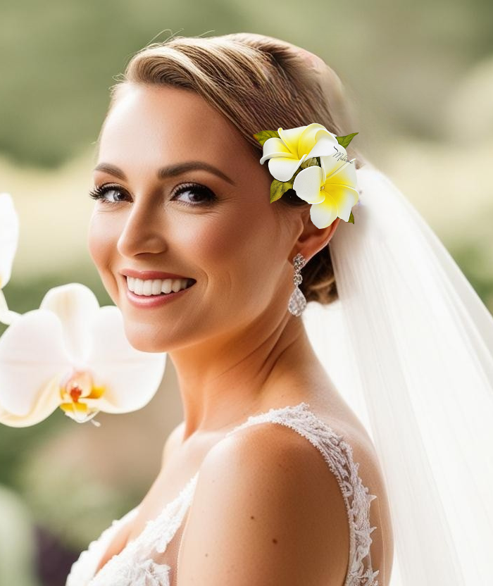 Bride wearing tropical hawaiian plumeria hair accessory