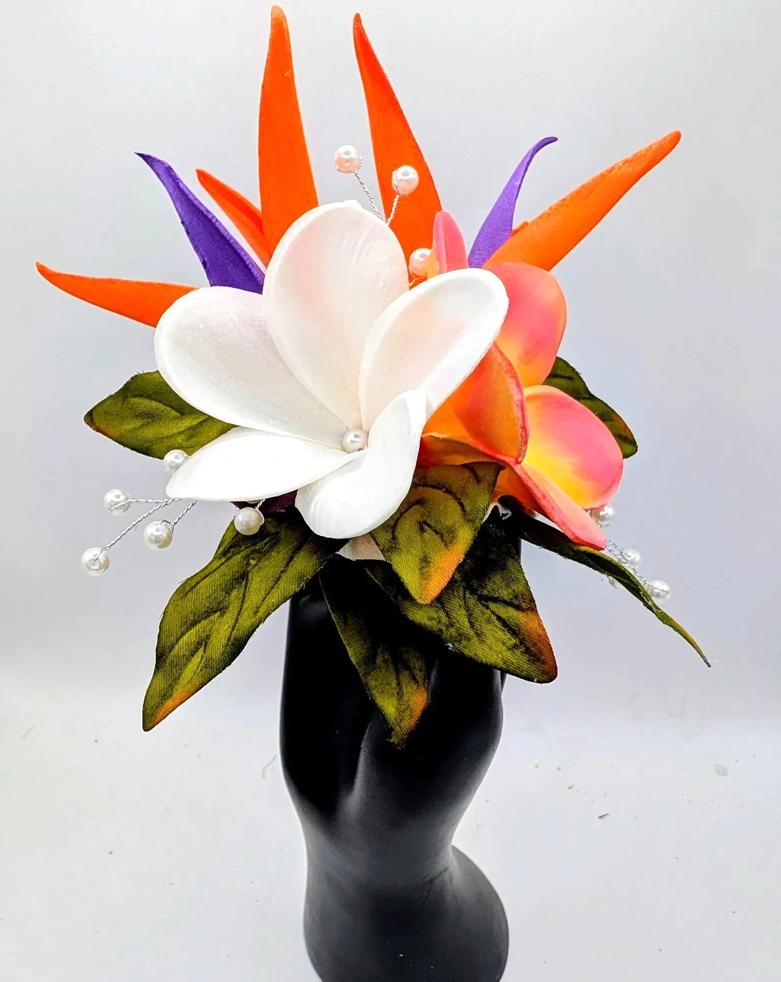 plumeria and bird of paradise with pearls.jpg