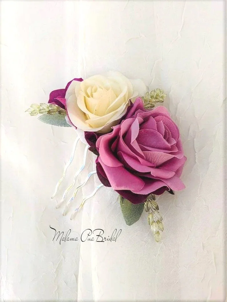 Real Touch Mauve & Ivory Rose Wedding Headpiece