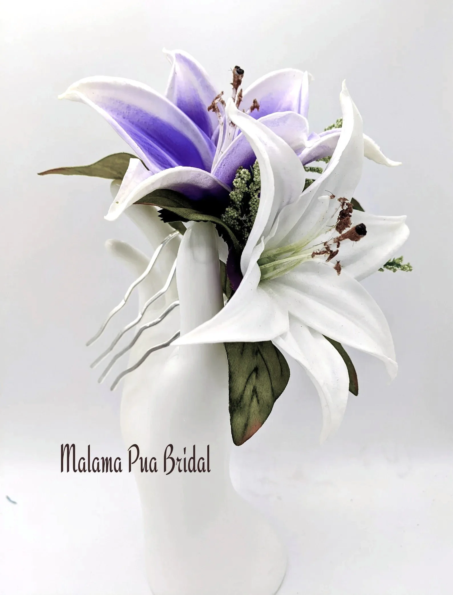 Wedding headpiece with silk real touch tropical purple lavender and white lilies