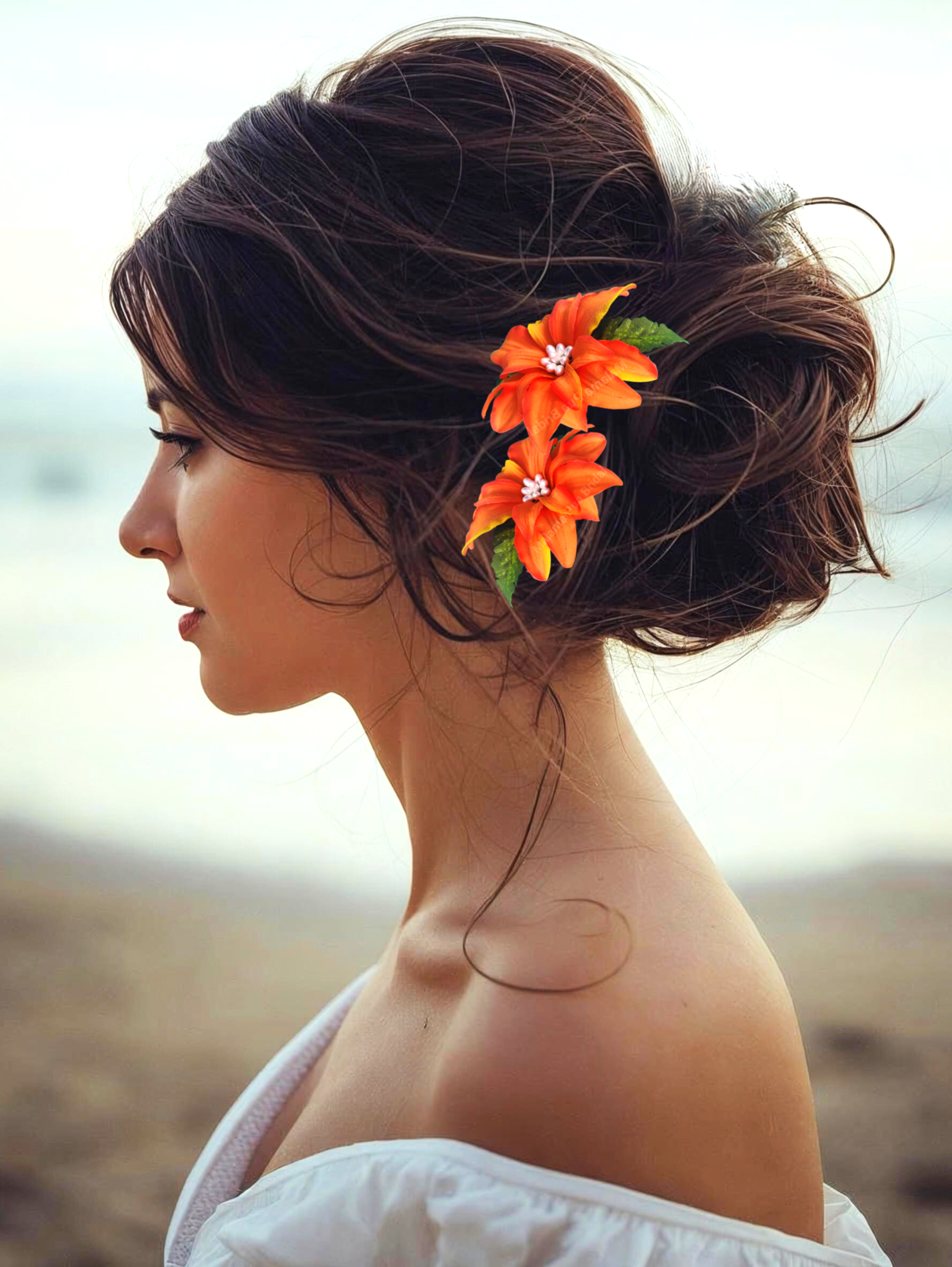 woman wearing orange lily hair clip