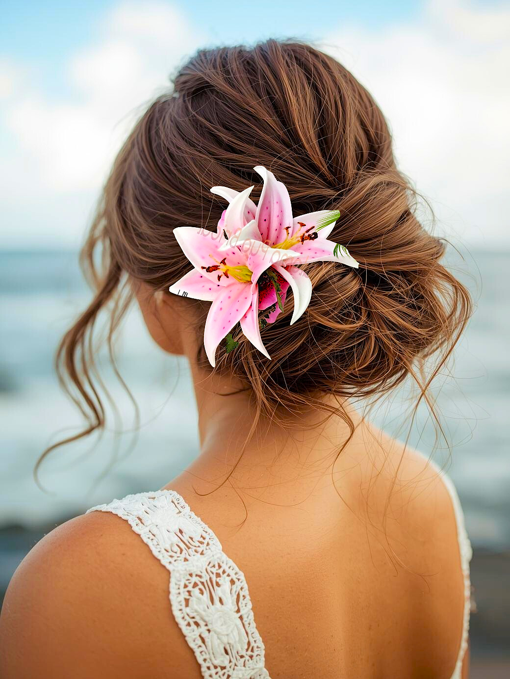 pink double lily headpiece for wedding