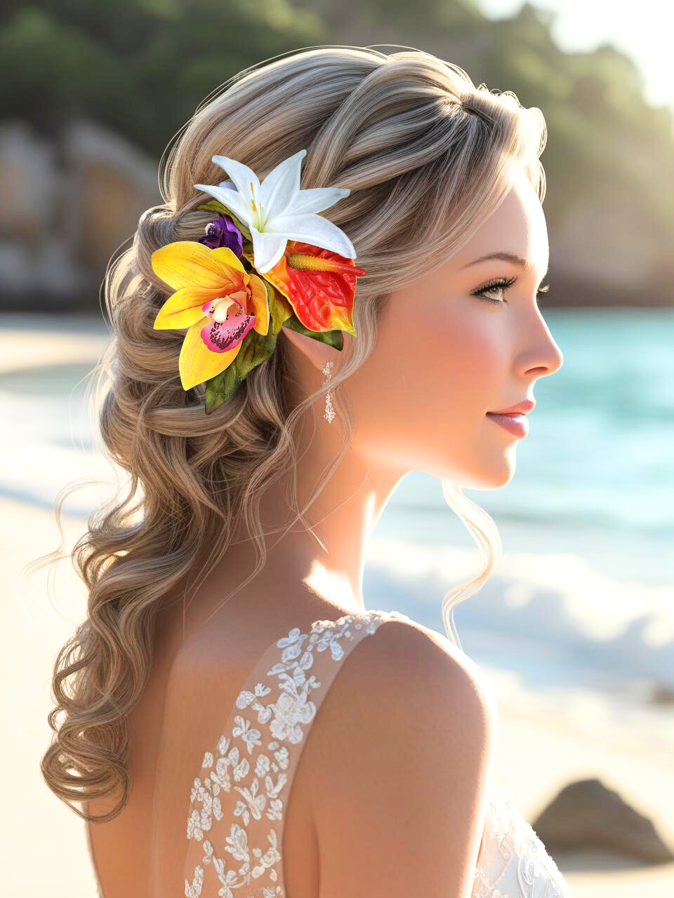 Bride wearing Tropical Flower Heapiece with Purple Orchids, Orange Anthurium, White Lily and Yellow Orchids