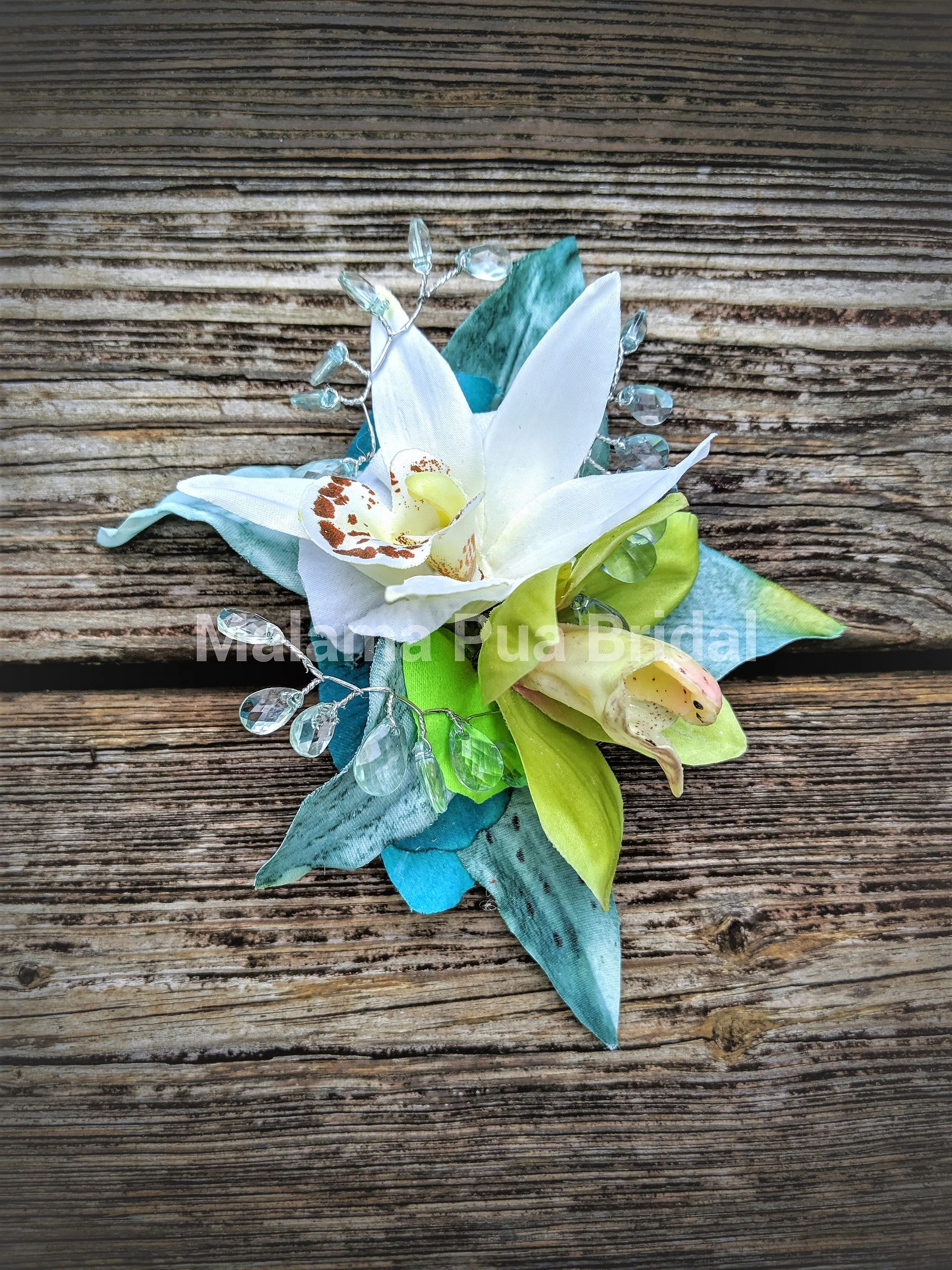 green and white orchid wedding hair accessory