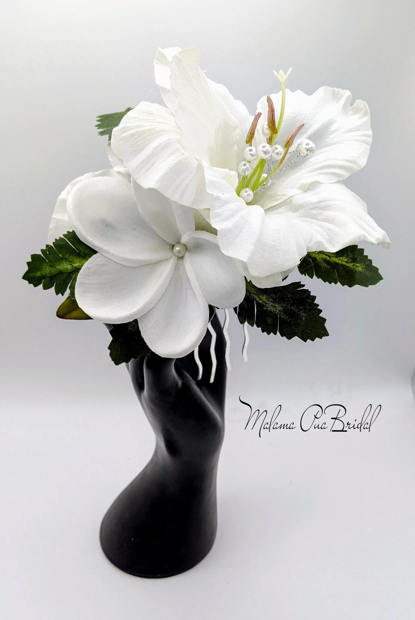 white hibiscus and white plumeria hair comb