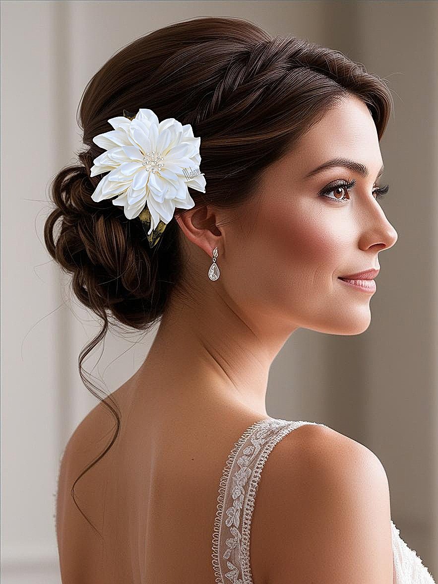 Bride wearing silk Dahlia wedding headpiece with crystal center