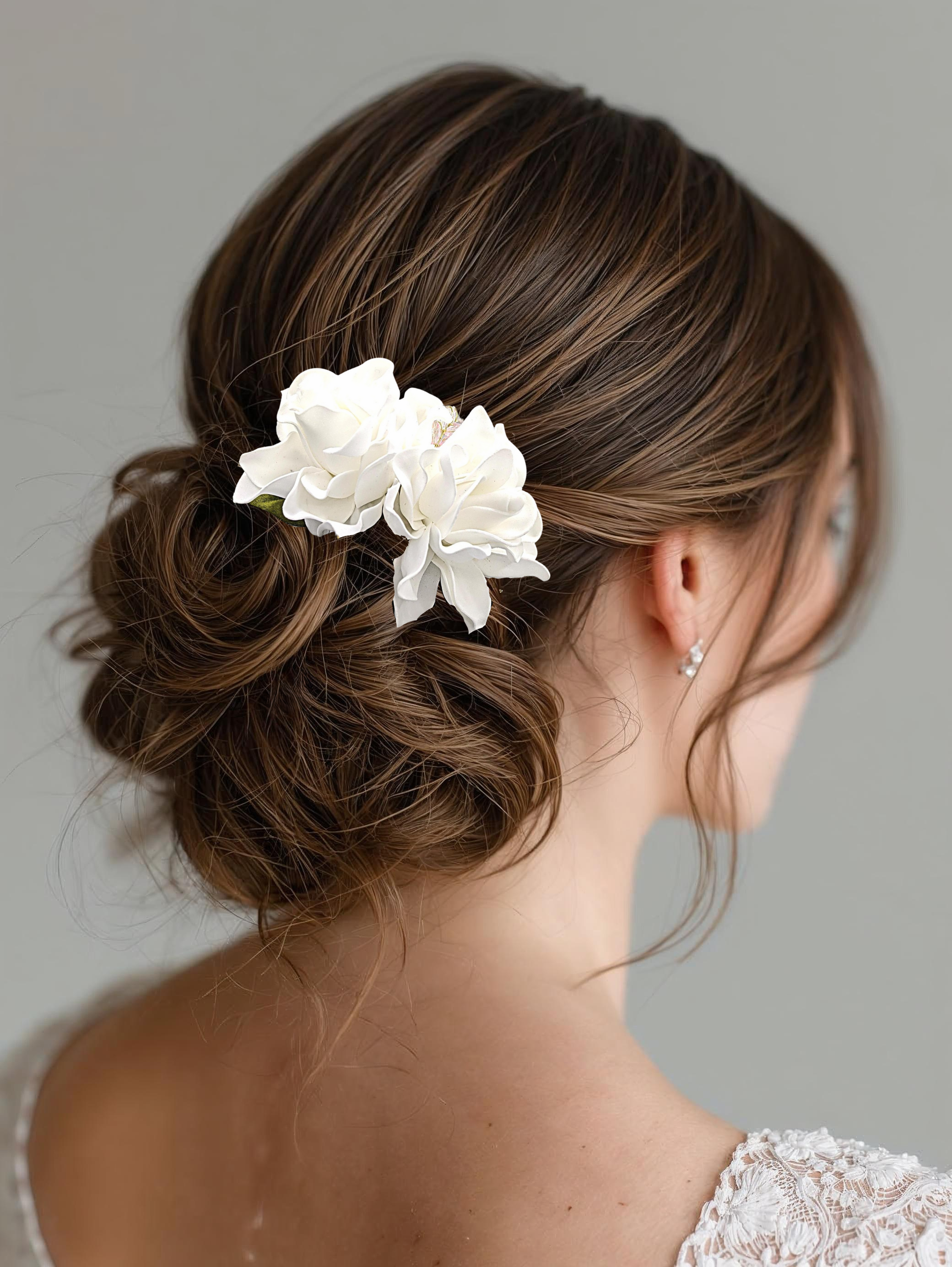 Bride wearing double foam gardenia