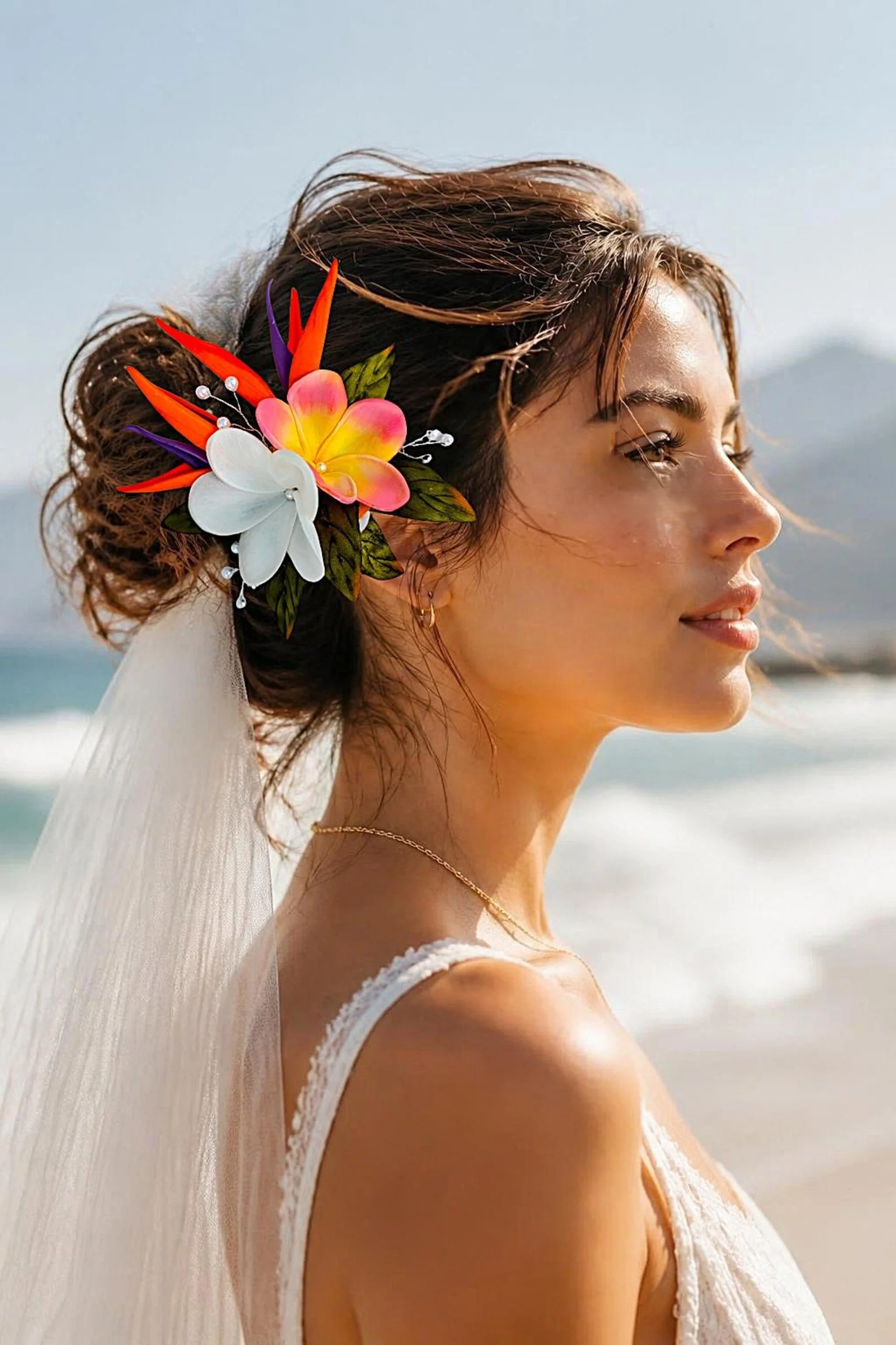 beach bride bird of paradise plumeria pearl sprays