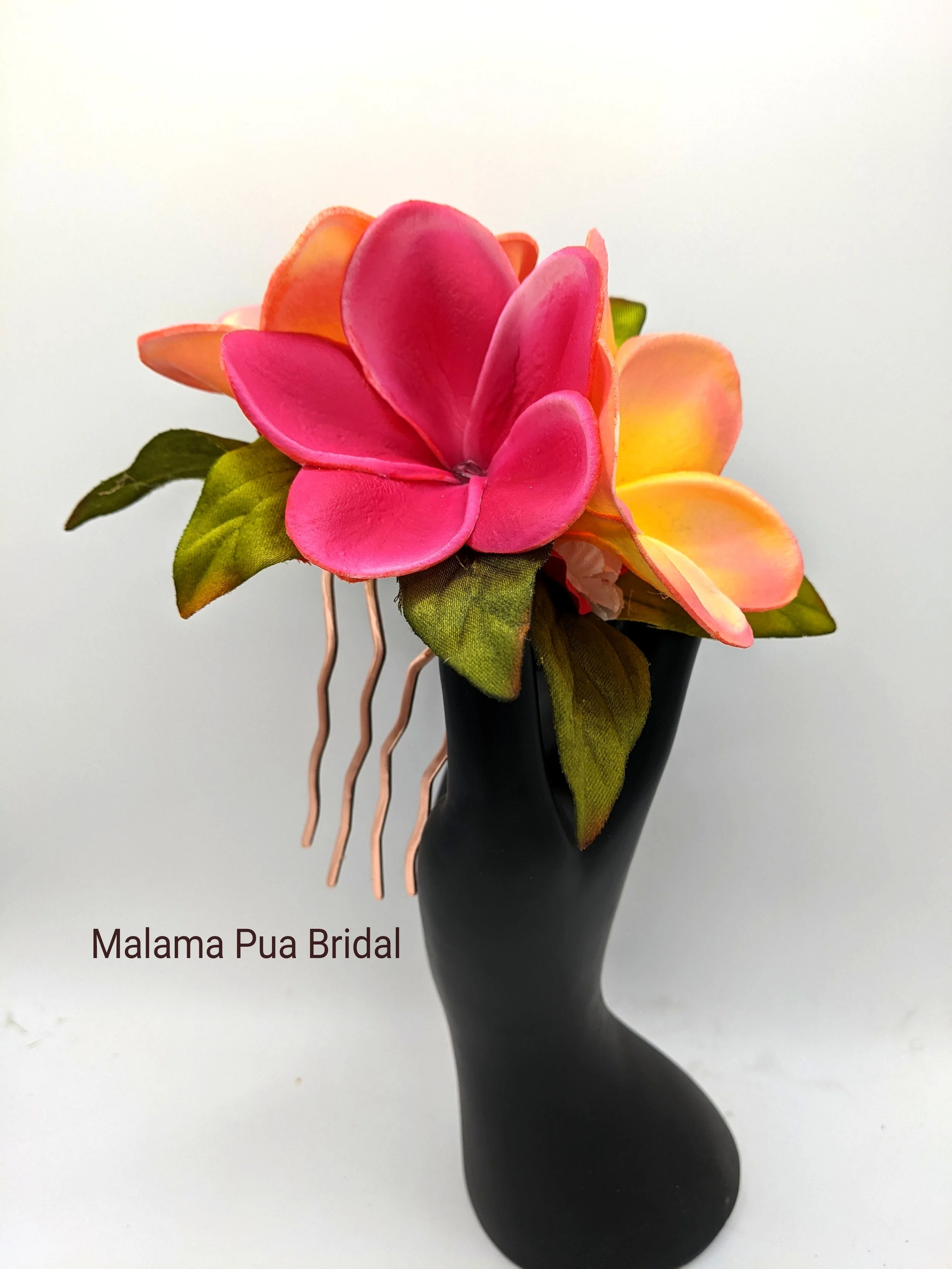 Tropical real touch hawaiian hair flower headpiece with rose and sunset plumeria