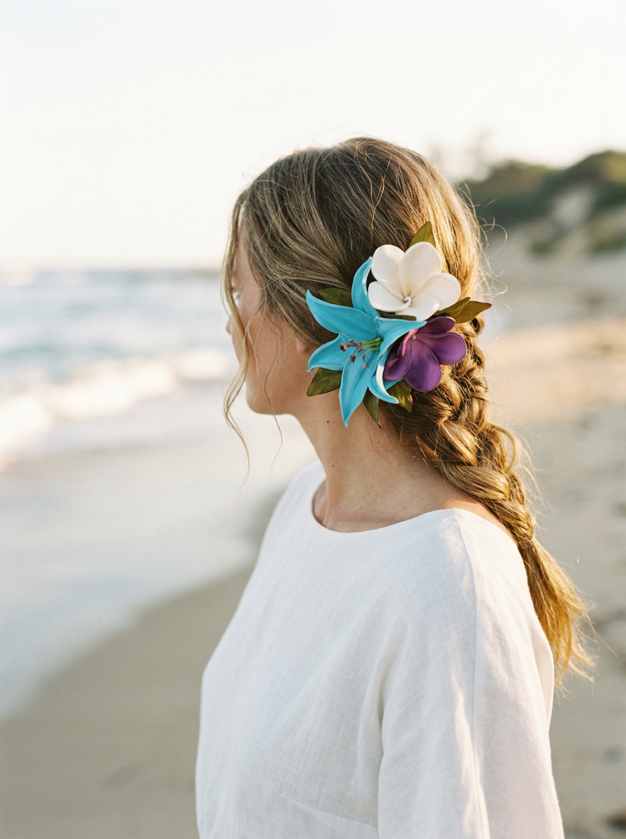 Tropical Hair flower hair accessory by Malama Pua Bridal worn by beautiful woman on the beach
