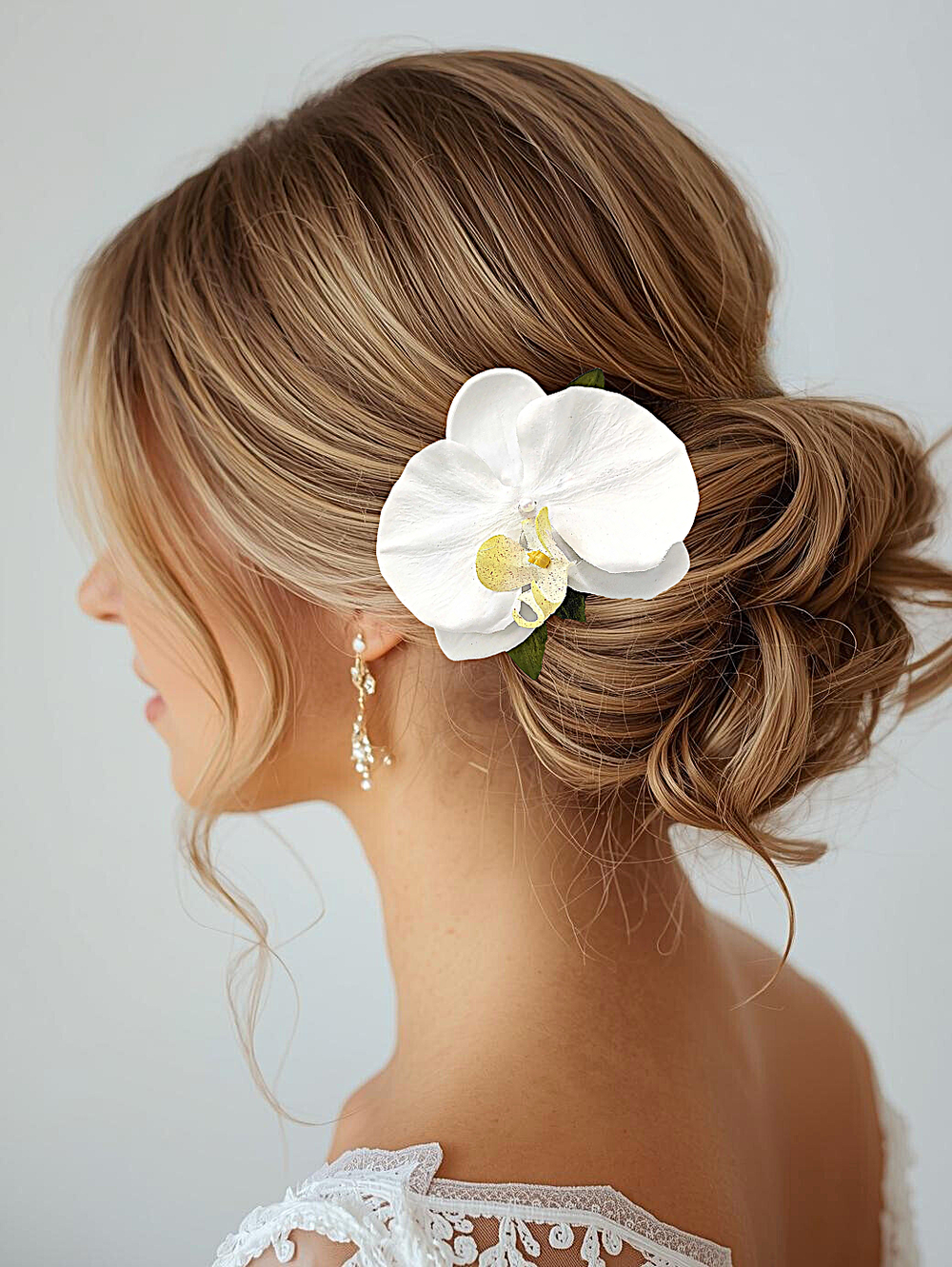 White Real touch Bridal Orchid hair accessory with hand  display picture 3