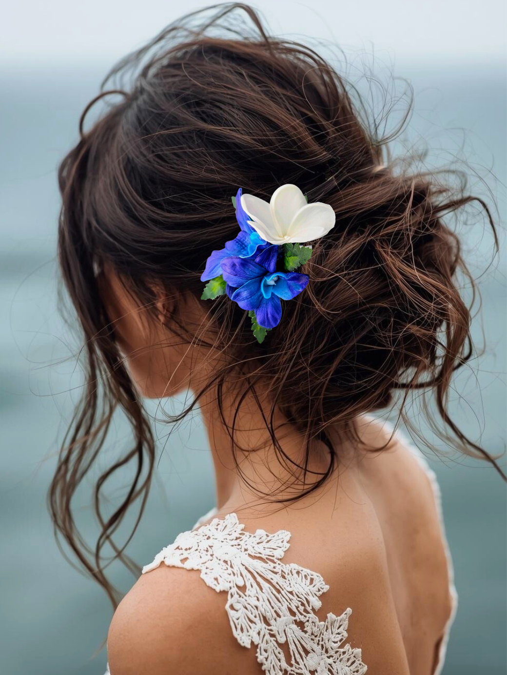 galaxy orchid with plumeria hawaiian flower hair accessory
