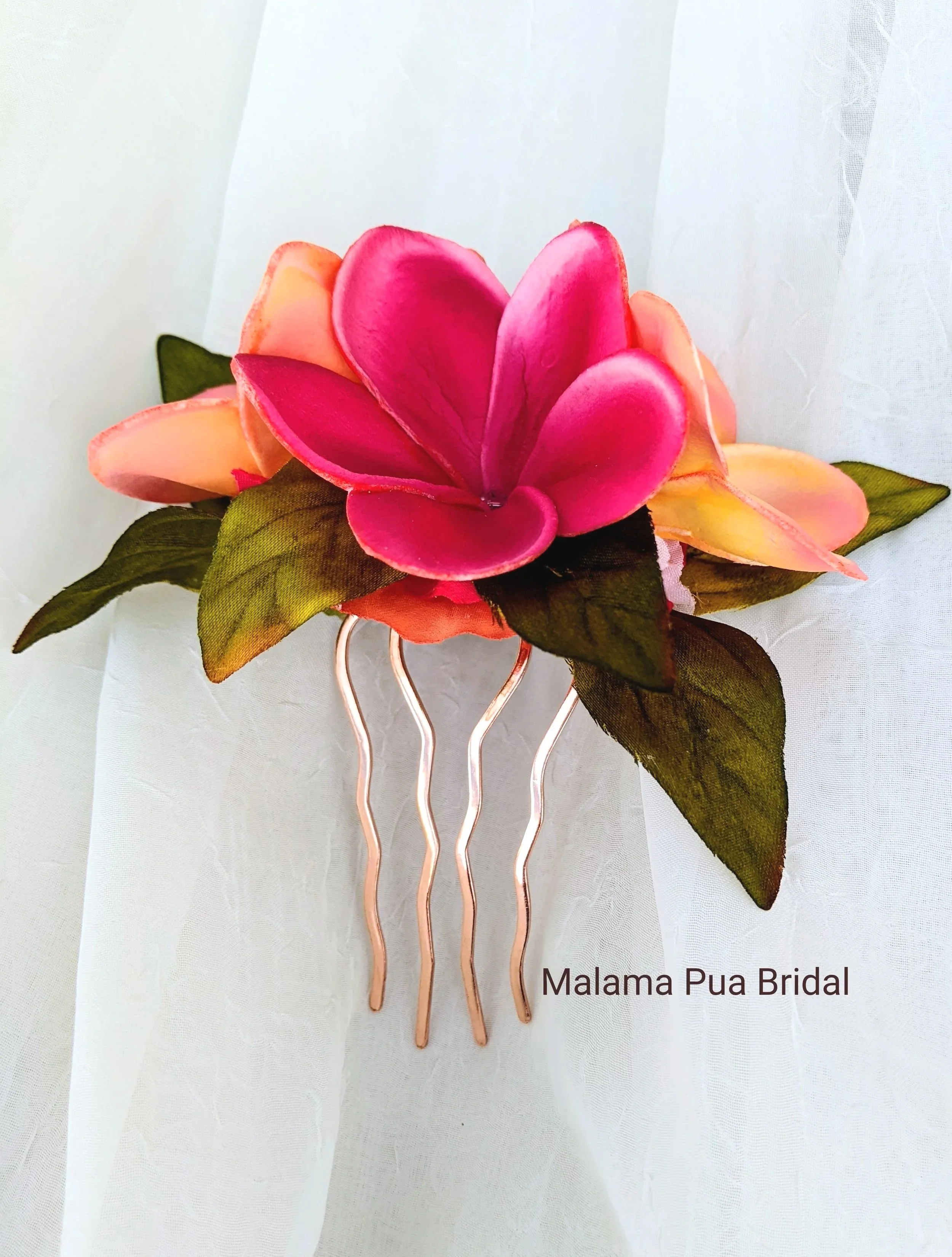 Tropical real touch hawaiian hair flower headpiece with rose and sunset plumeria