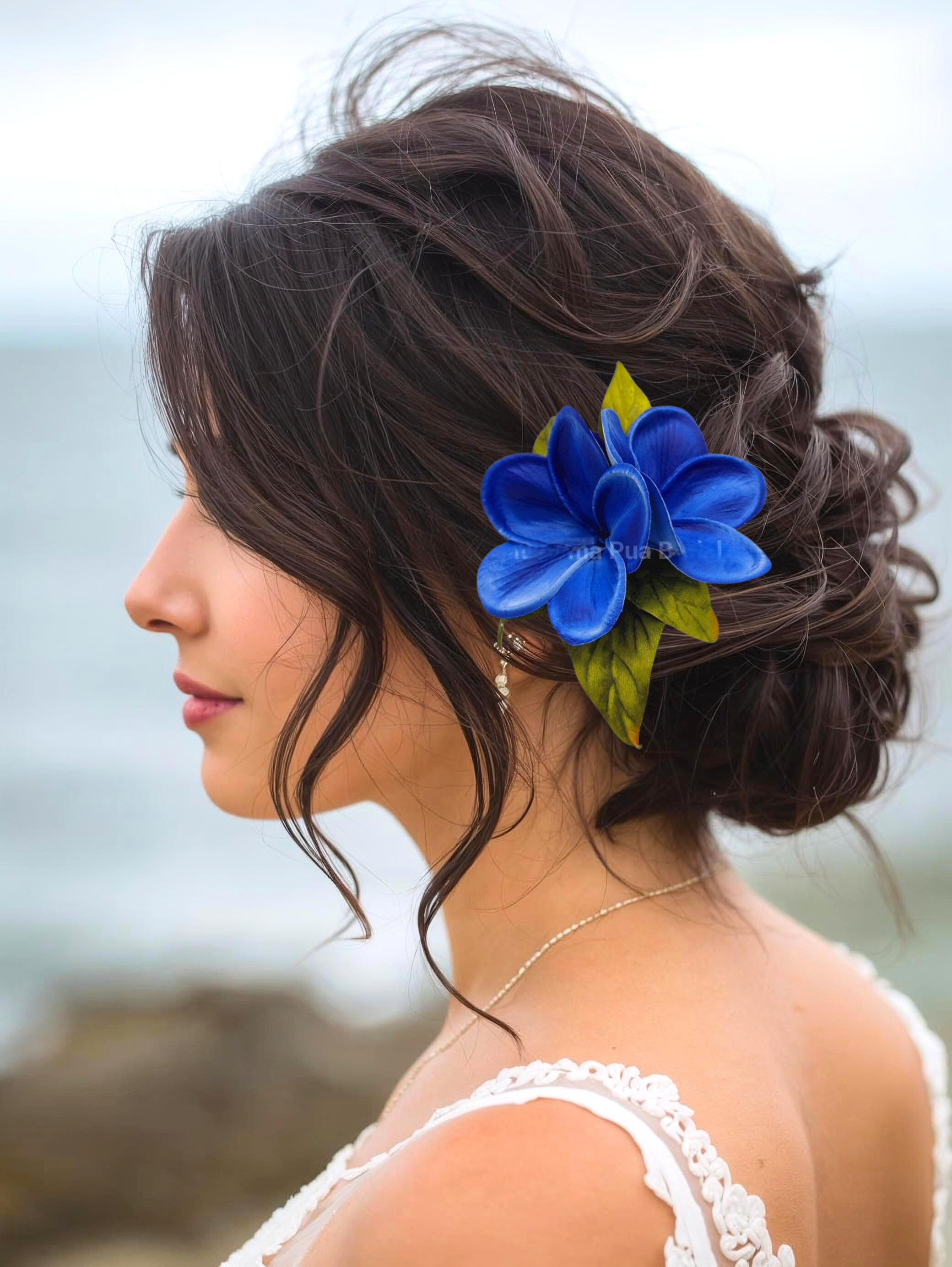 Royal Blue silk  plumeria bridal hair accessory with pearl center