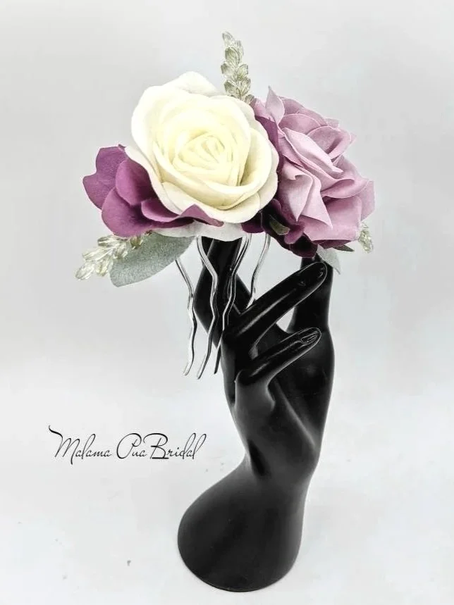 white and lavender rose bridal headpiece