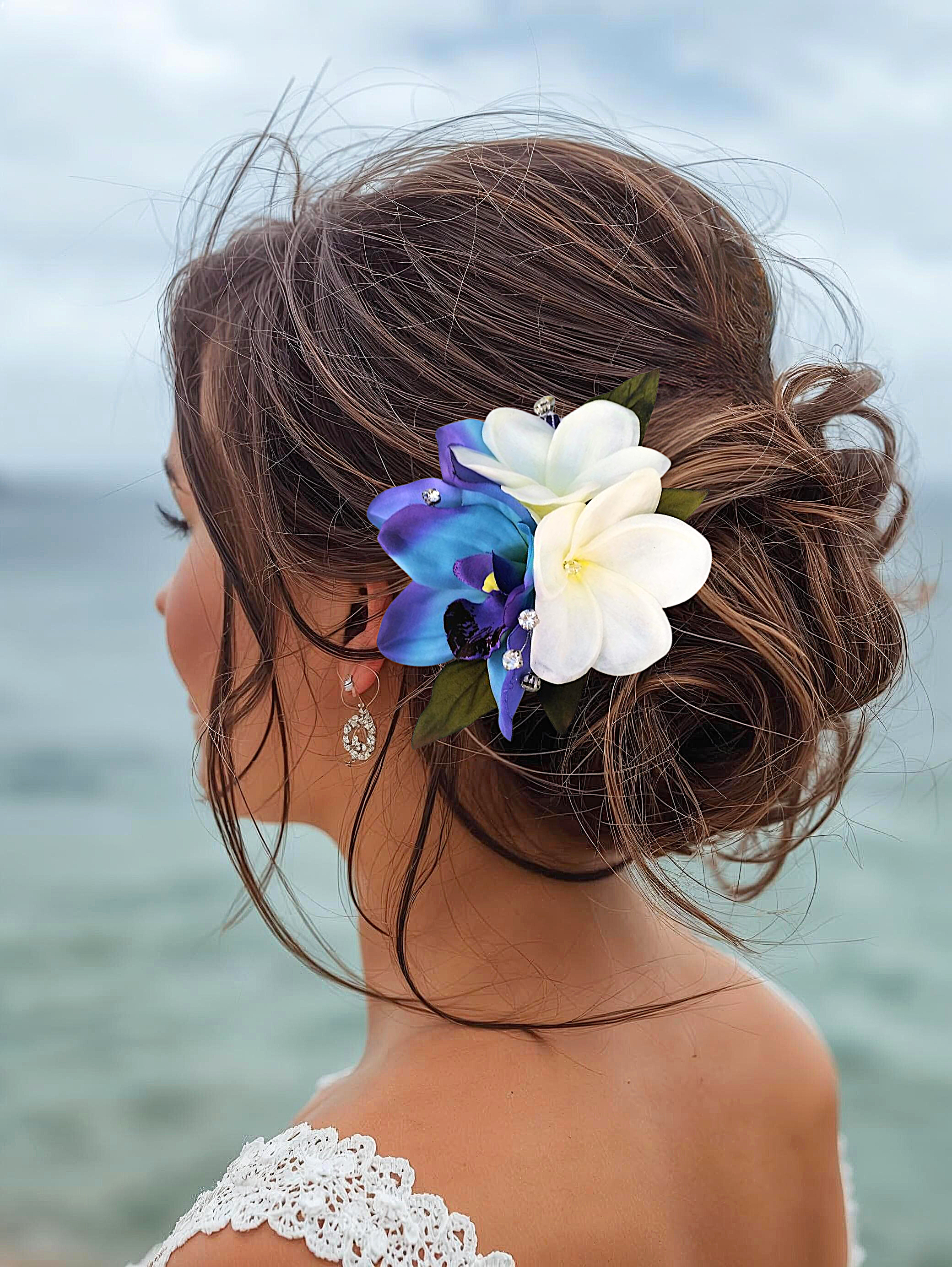 Blue Silk Orchid and White Plumeria Wedding Headpiece