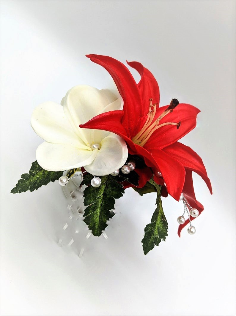 silk red calla lily and plumeria wedding headpiece