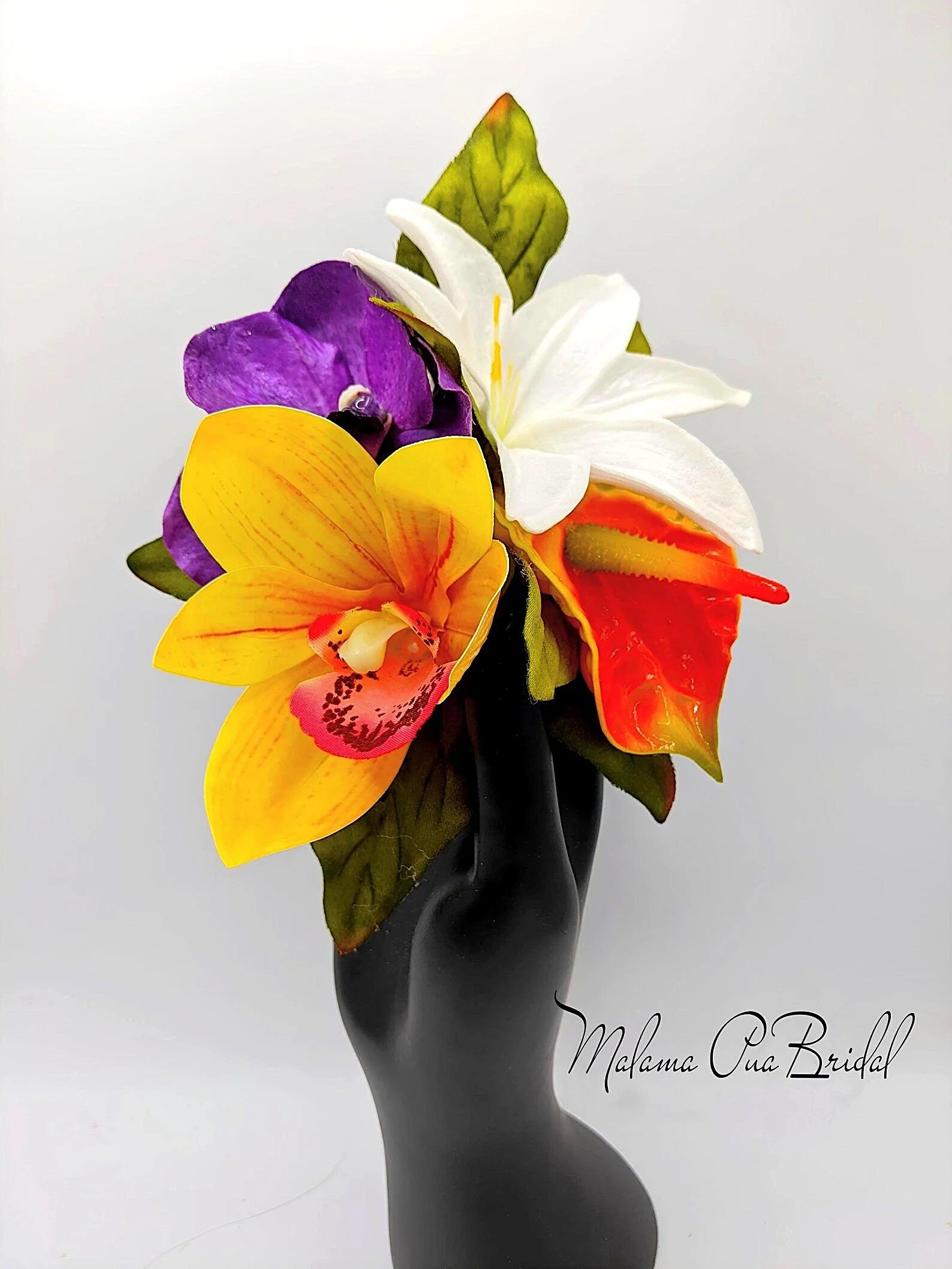 Tropical Flower Heapiece with Purple Orchids, Orange Anthurium, White Lily and Yellow Orchids