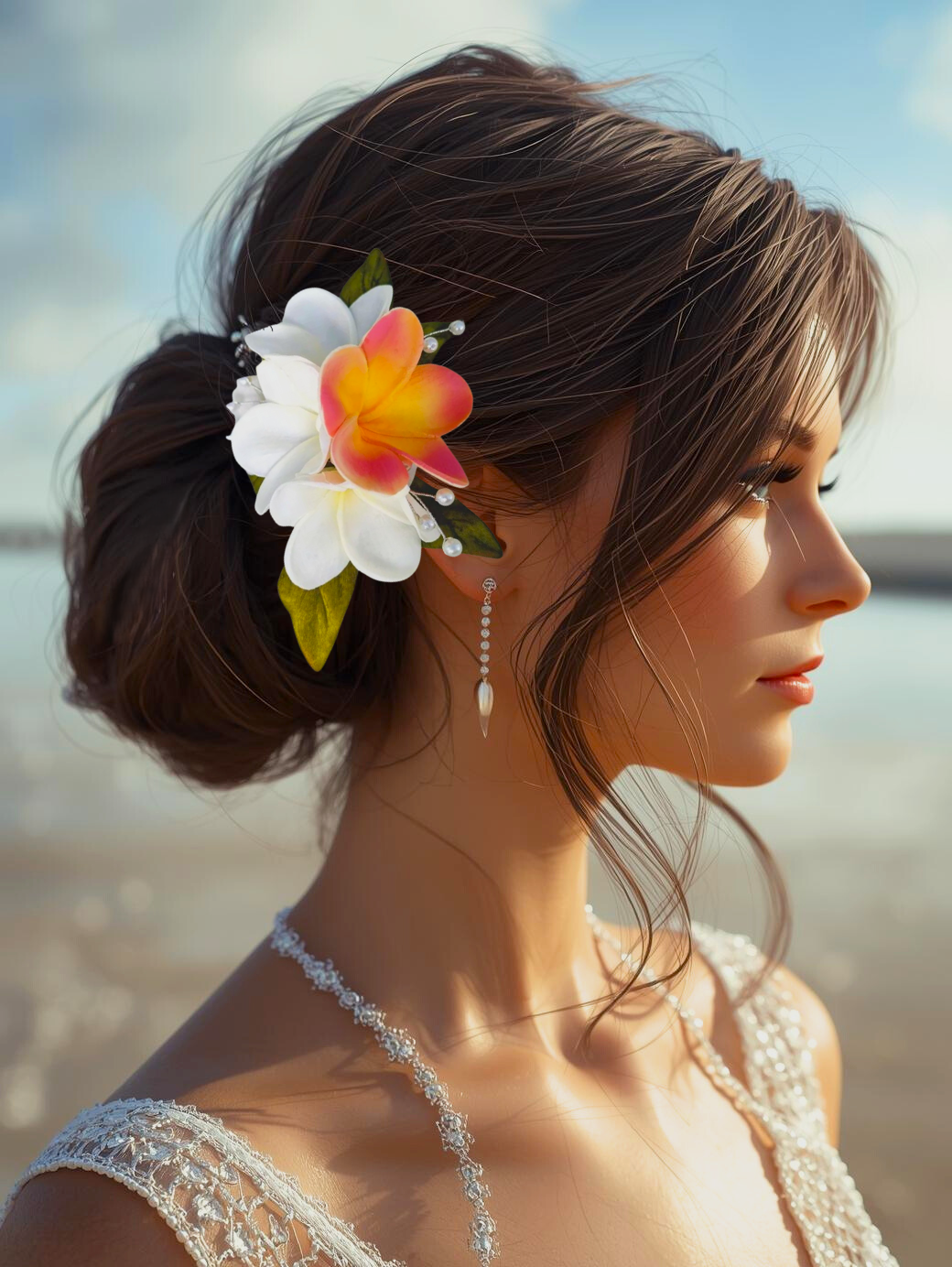 sunset and white plumeria tropical flower headpiece with pearls