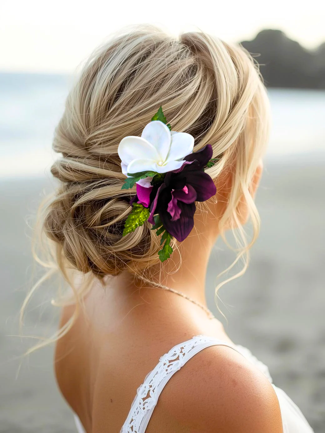 Wedding Headpiece with Purple Orchid and Hawaiian Plumeria